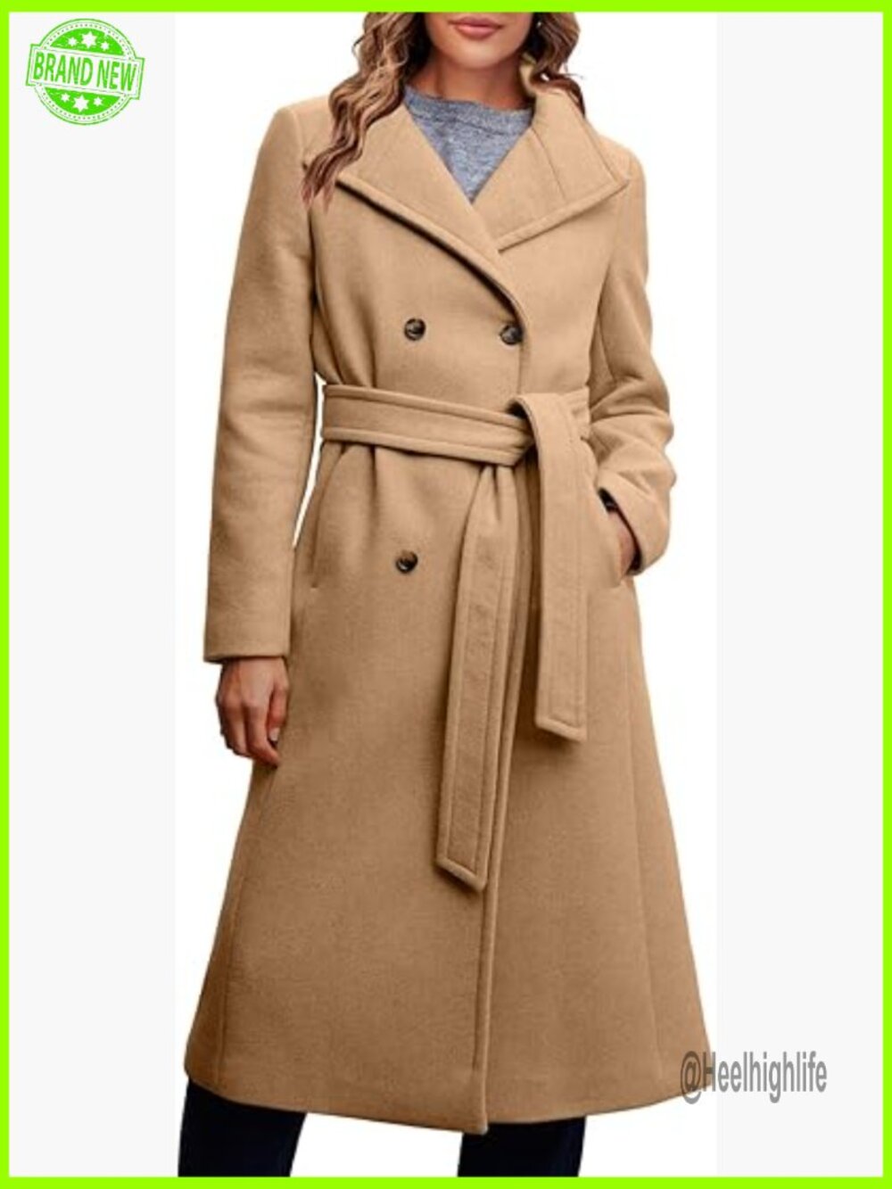 Double Breasted Long Wool Coat with Belt Office Work Winter Overcoat